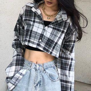 Plaid Cropped Shirt Black - One Size