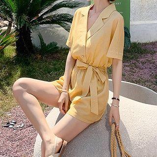 Short Sleeve Notch Lapel Tie-waist Cargo Romper