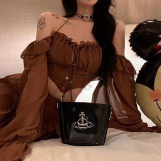 Cold-shoulder Cropped Blouse / Mini Pleated Skirt