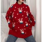 Mock Neck Christmas Print Oversized Sweater
