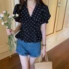 Short-sleeve Collared Dotted Peplum Blouse