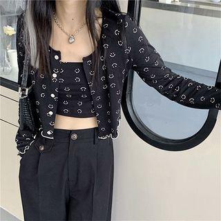 Set: Smile Printed Cardigan + Camisole Black - One Size