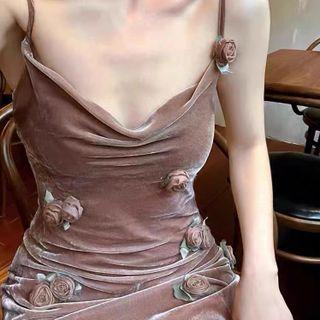 Spaghetti Strap Floral Midi A-line Dress / Shirred Jacket / Set (various Designs)