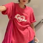 Short-sleeve Lettering T-shirt Peach Pink - One Size