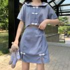 Short-sleeve Frog Buttoned Cropped Blouse / A-line Skirt