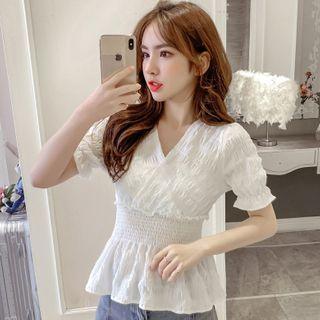 Short-sleeve Textured Chiffon Frill Trim Crop Top