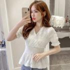 Short-sleeve Textured Chiffon Frill Trim Crop Top
