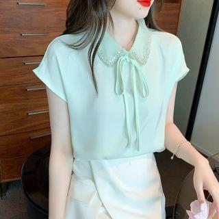Cap Sleeve Sequined Collar Lace-up Chiffon Blouse