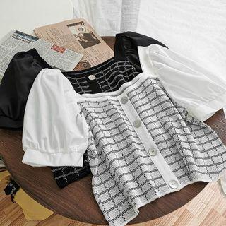 Plaid Square-neck Knit Top