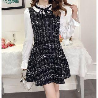 Tie-neck Tweed Mock Two-piece Dress