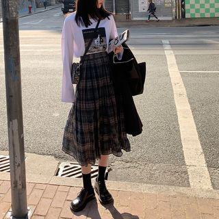 Plaid Midi A-line Crinkle Skirt
