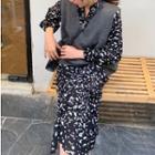 Printed Long-sleeve Midi Dress / Knit Vest