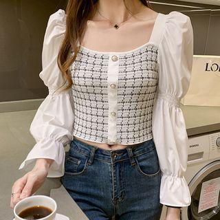 Long-sleeve Square-neck Plain Panel Top