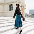 Set: Bow Accent Sweater + Accordion Pleat Midi Velvet Skirt