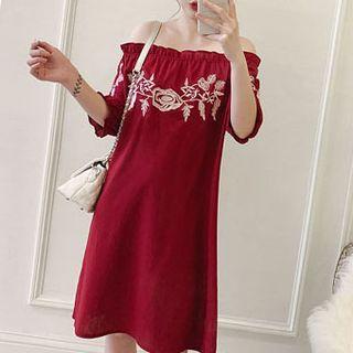 Flower Embroidered Off-shoulder Elbow-sleeve A-line Dress
