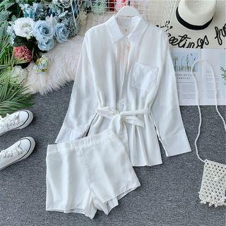 Set: Pocket-front Long-sleeve Shirt With Sash + Wide-leg Shorts