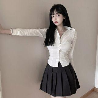 Plain Crop Shirt / Pleated Mini A-line Skirt