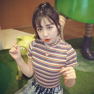 Heart Cut Out Striped Mock Neck Short-sleeve T-shirt