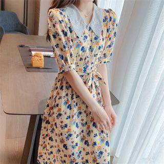 Balloon-sleeve Lace Collar Floral Print Midi A-line Dress