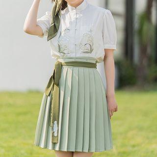 Puff-sleeve Floral Embroidered Shirt / Pleated A-line Skirt / Scarf / Set