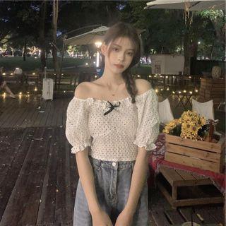 Dotted Off-shoulder Ruffle Bow Puff-sleeve Top As Shown In Figure - One Size