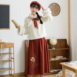 Set: Embroidered Blouse + Flower Embroidered Midi A-line Skirt