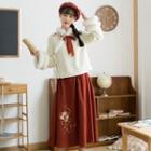 Set: Embroidered Blouse + Flower Embroidered Midi A-line Skirt
