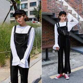 Boot-cut Stitched Suspender Pants Black - Size