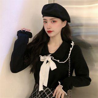 Ribbon Sailor-collar Two Tone Knit Top