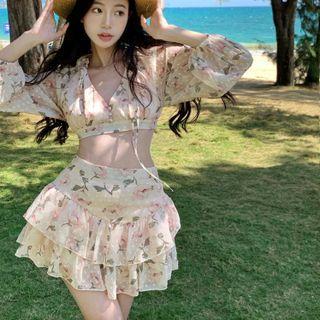 Floral Cropped Blouse / Mini A-line Skirt