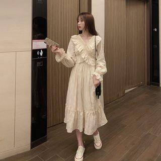 Puff-sleeve Ruffle Trim V-neck Midi Dress
