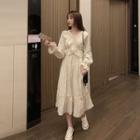 Puff-sleeve Ruffle Trim V-neck Midi Dress