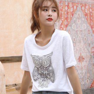 Short-sleeve Owl Embroidered T-shirt