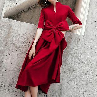 Elbow-sleeve Bow Midi A-line Dress
