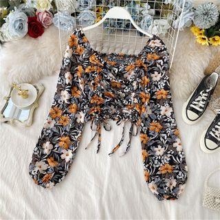 Balloon-sleeve Floral Print Drawstring Blouse