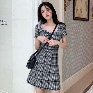 Square Collar Plaid Mini Sheath Dress