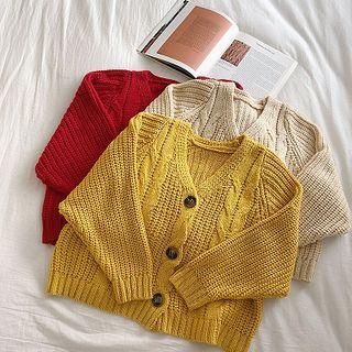 Plain Single-breasted V-neck Cable-knit Long-sleeve Cardigan