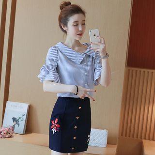 Set: Striped Elbow Sleeve Top + Flower Embroidered Buttoned A-line Skirt