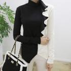 Mock-neck Ruffled Two-tone Top