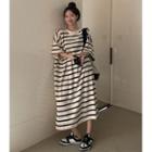 Striped Loose-fit Maxi T-shirt Dress Stripes - Black & White - One Size
