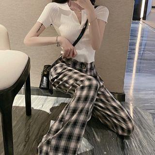 Short-sleeve Polo Shirt / Plaid Straight Fit Pants / Set