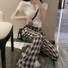 Short-sleeve Polo Shirt / Plaid Straight Fit Pants / Set