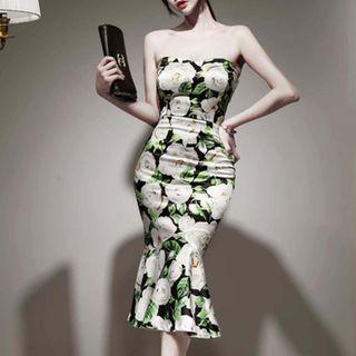 Strapless Floral Midi Sheath Dress