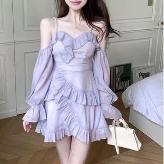 Long-sleeve Cold-shoulder Ruffle Trim Mini A-line Dress