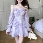 Long-sleeve Cold-shoulder Ruffle Trim Mini A-line Dress