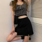 Cap Sleeve Plaid Cropped Top / Slit Mini Fitted Skirt