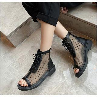 Dotted Mesh Panel Peep-toe Short Boots