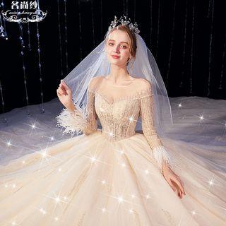 Long-sleeve Fringed-cuff Sequined A-line Wedding Gown