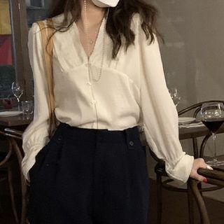 Long-sleeve V-neck Plain Lace Trim Loose Fit Blouse