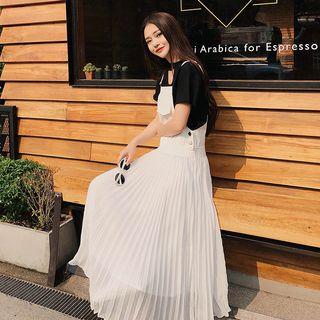 Pleated Maxi Pinafore Dress